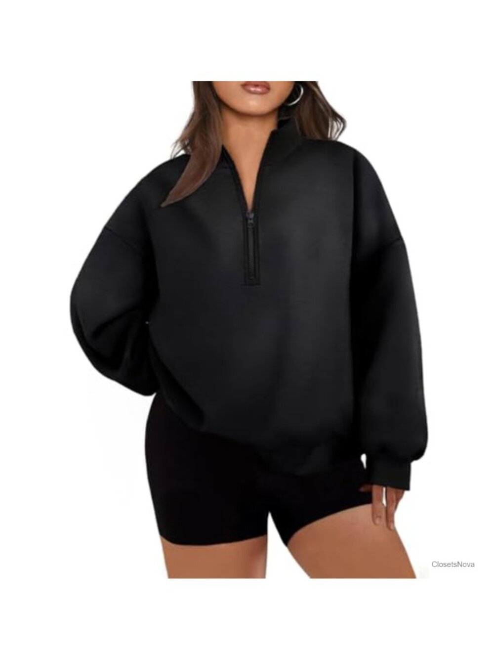 Plus Size Half Zip Pullover Sweatshirt Long Sleeve Drop Shoulder Hoodie